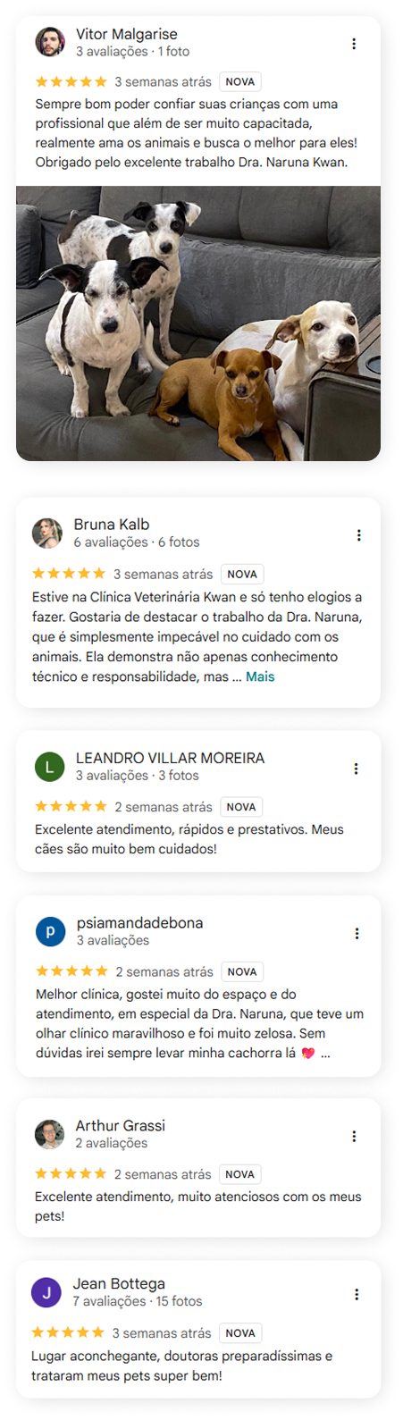 Print de depoimentos reais kwan clinica veterinária